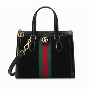 RARE Gucci Small Ophidia Black Suede Top Handle Tote Bag with Shoulder Strap